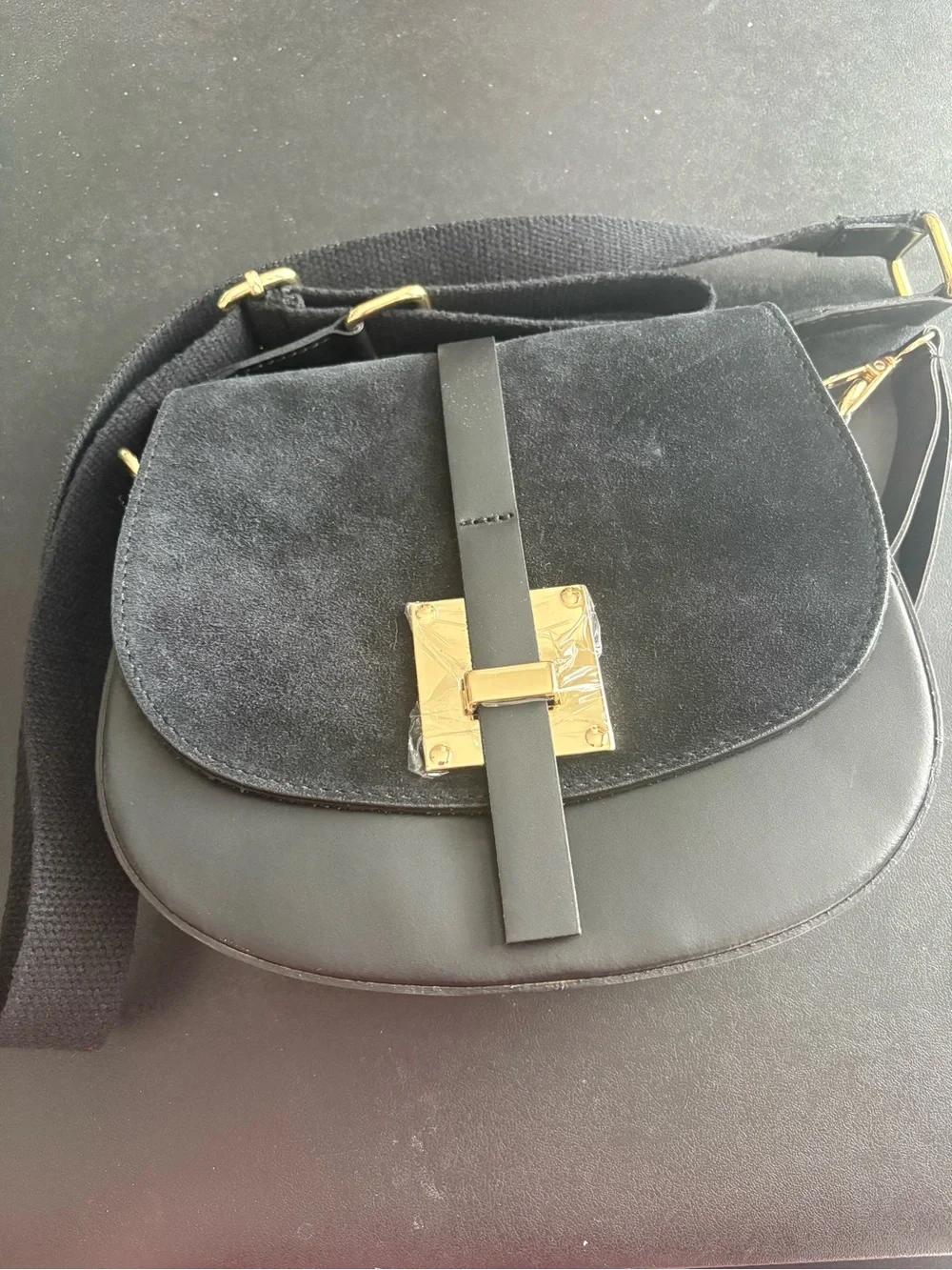 Black Suede & Leather Crossbody Bag with Gold Hardware - Picture 6 of 6